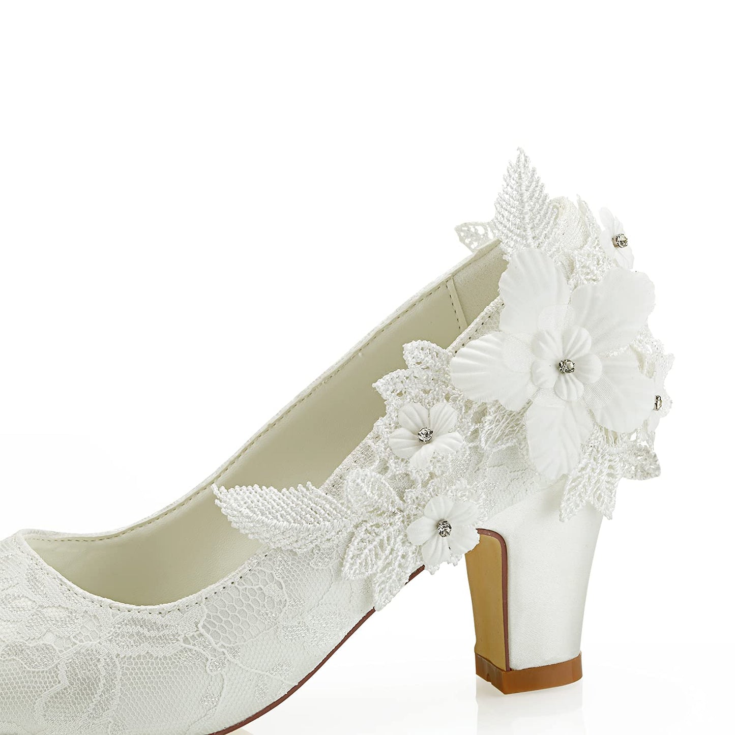 JIAJIA 62311 Women's Bridal Shoes Closed Toe 2.7" Chunky Heel Lace Satin Pumps Satin Flower Wedding Shoes Colour Ivory,Size 7.5 B(M) US/38 EU