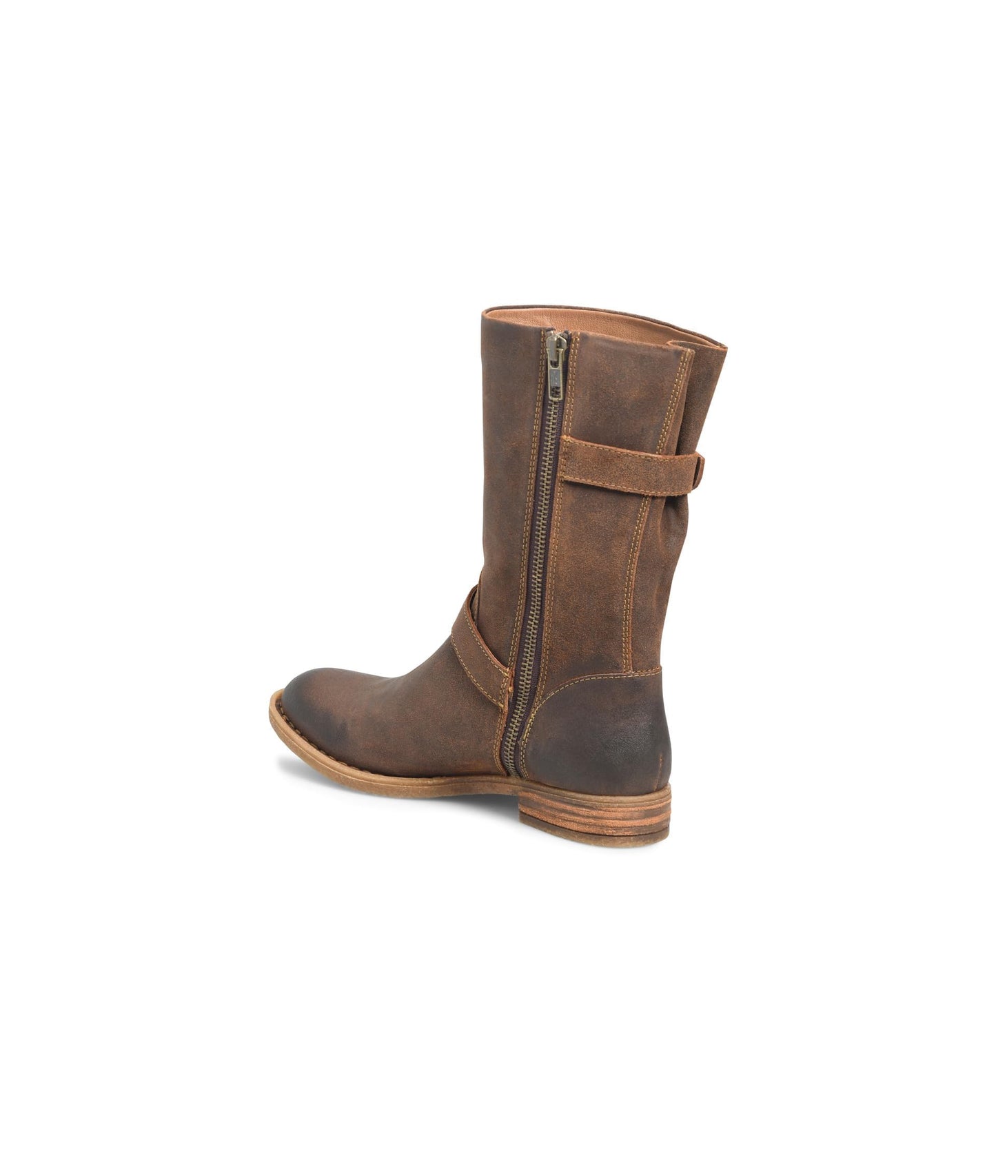 BORN Delano Women’s Brown Mid Calf Engineer Boots Buckle Zip Comfort Size 6 M