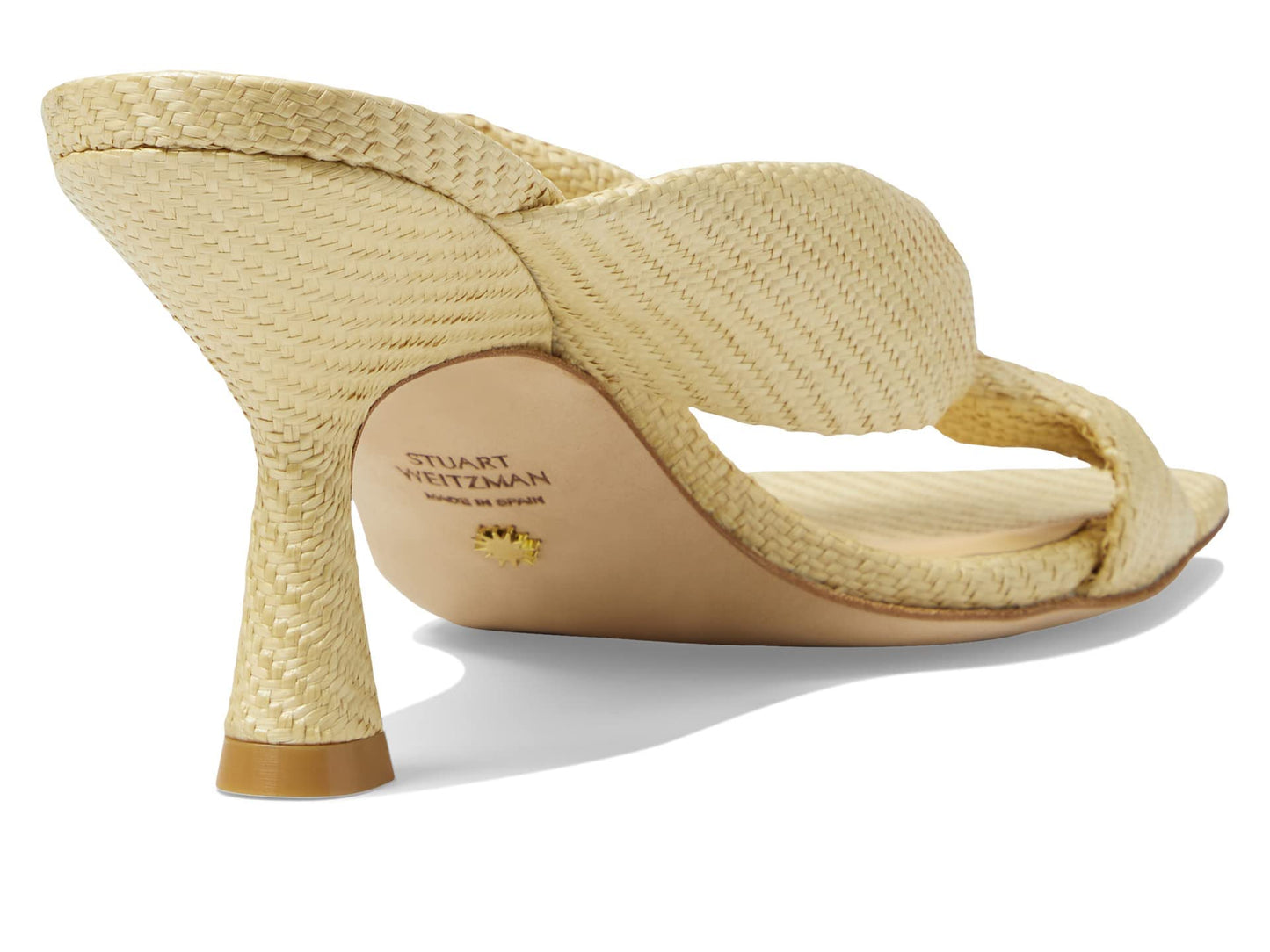 Stuart Weitzman Playa 75 Knot Sandal for Women - Sculptural Heel, Voluminous Knotted Detail, and Lacquered Nappa Leather Footwear Wheat 6.5 M
