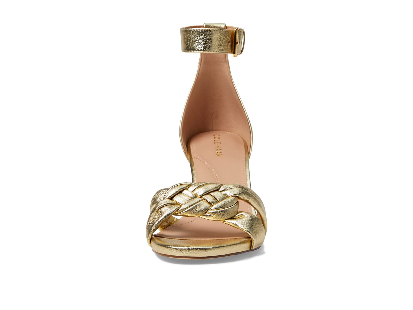 Cole Haan Adella Braided Sandals for Women – Medium Width – Open Almond Toe – PU Midsole – Sculpted Heel Gold Leather 7.5 B - Medium