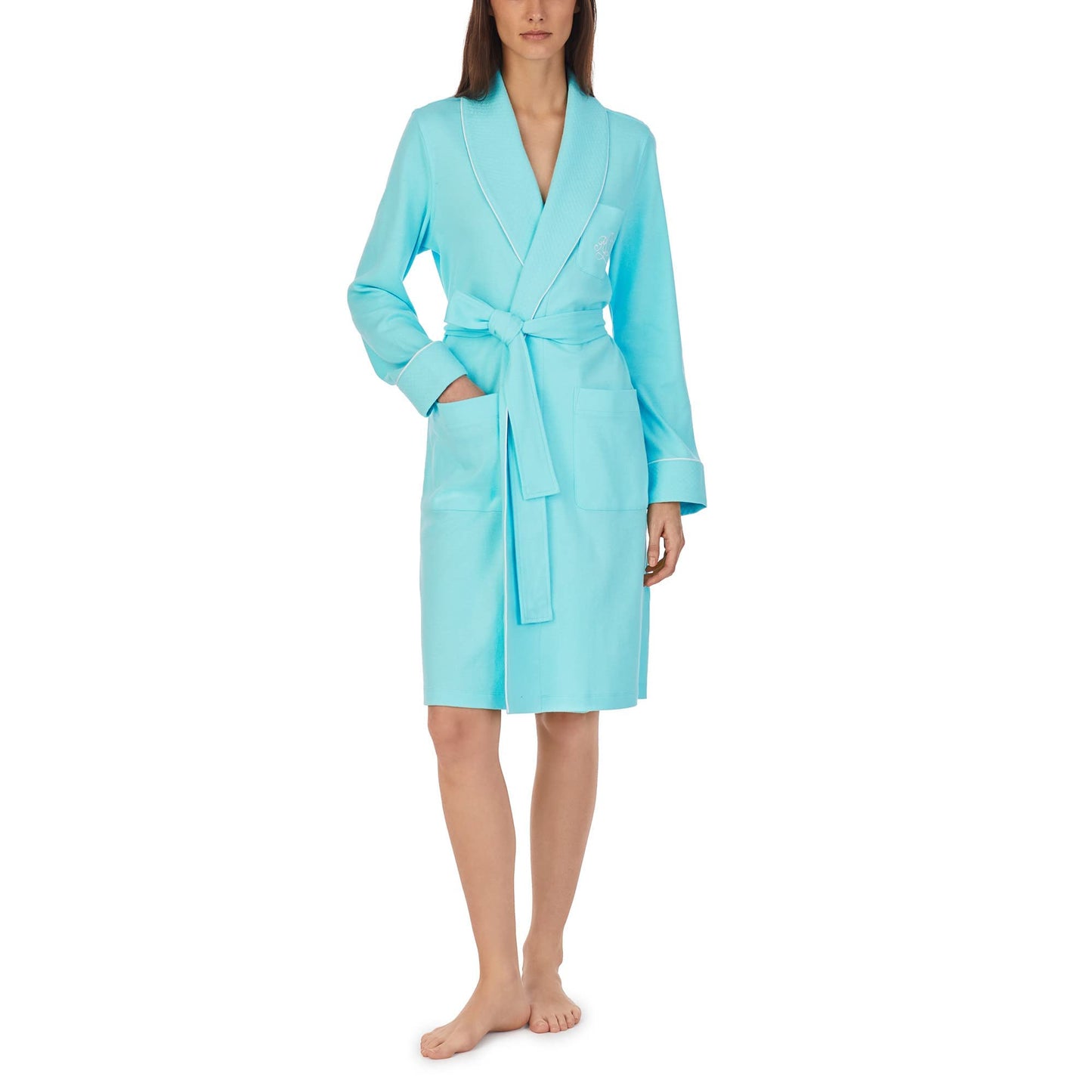 Lauren Ralph Lauren Hartford Lounge Short Shawl Collar Robe - Robe for Women - Long Sleeves - Quilted Cuffs Soft Turquoise LG (US 12-14) One Size