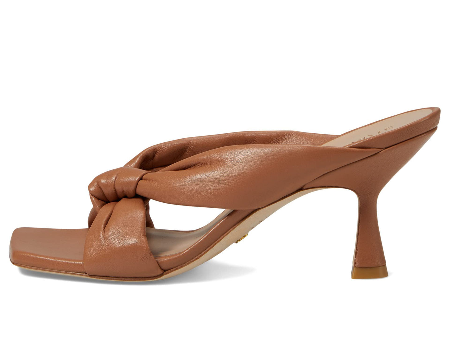 Stuart Weitzman Playa 75 Knot Sandal for Women - Sculptural Heel, Voluminous Knotted Detail, and Lacquered Nappa Leather Footwear Tan 7.5 M