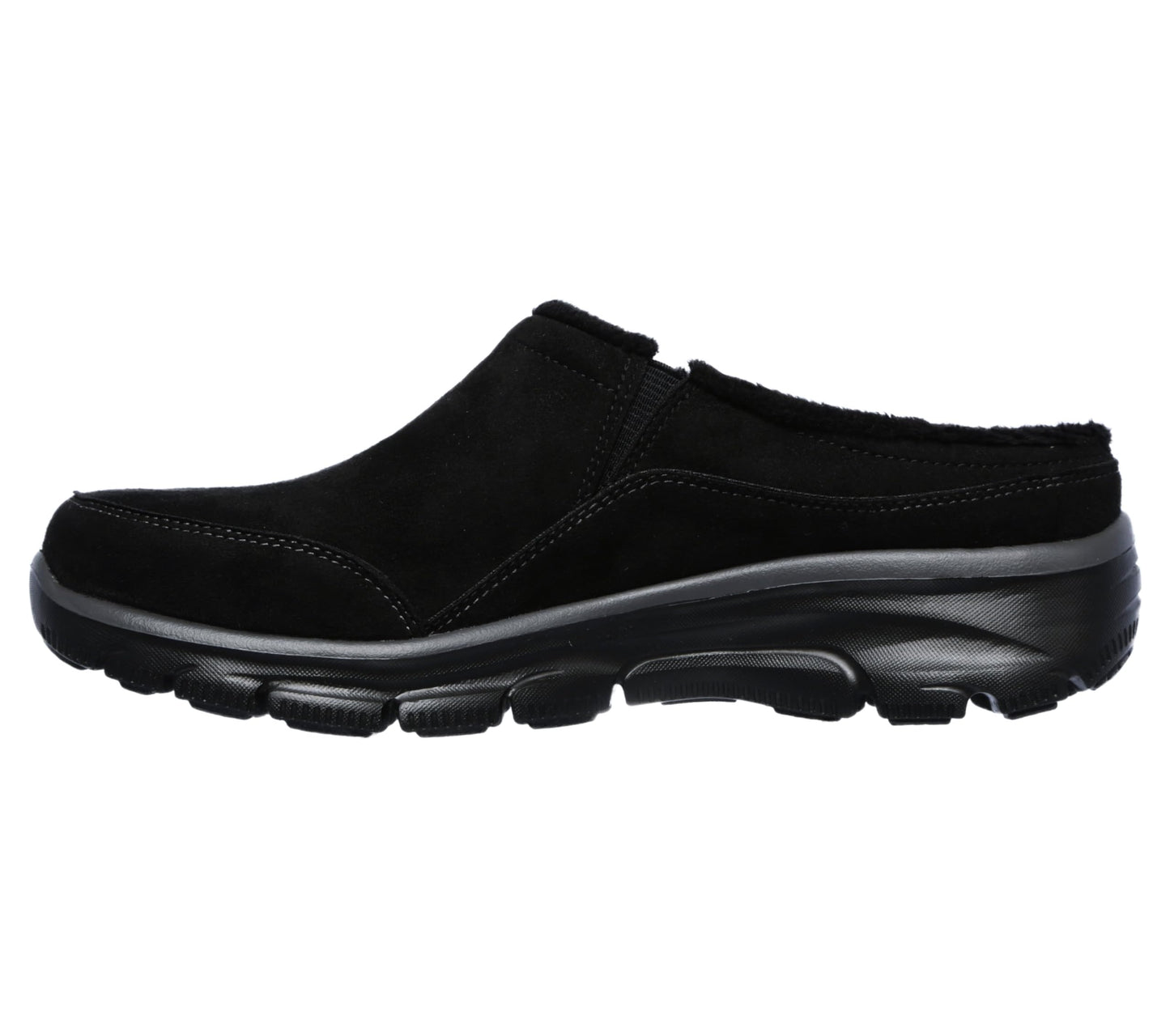 Skechers Women's Clogs - Relaxed Fit: Easy Going - Latte-Twin Gore Open Back Suede Fur Slip-On Clogs with Air Cooled Insole Mule, Black, 10