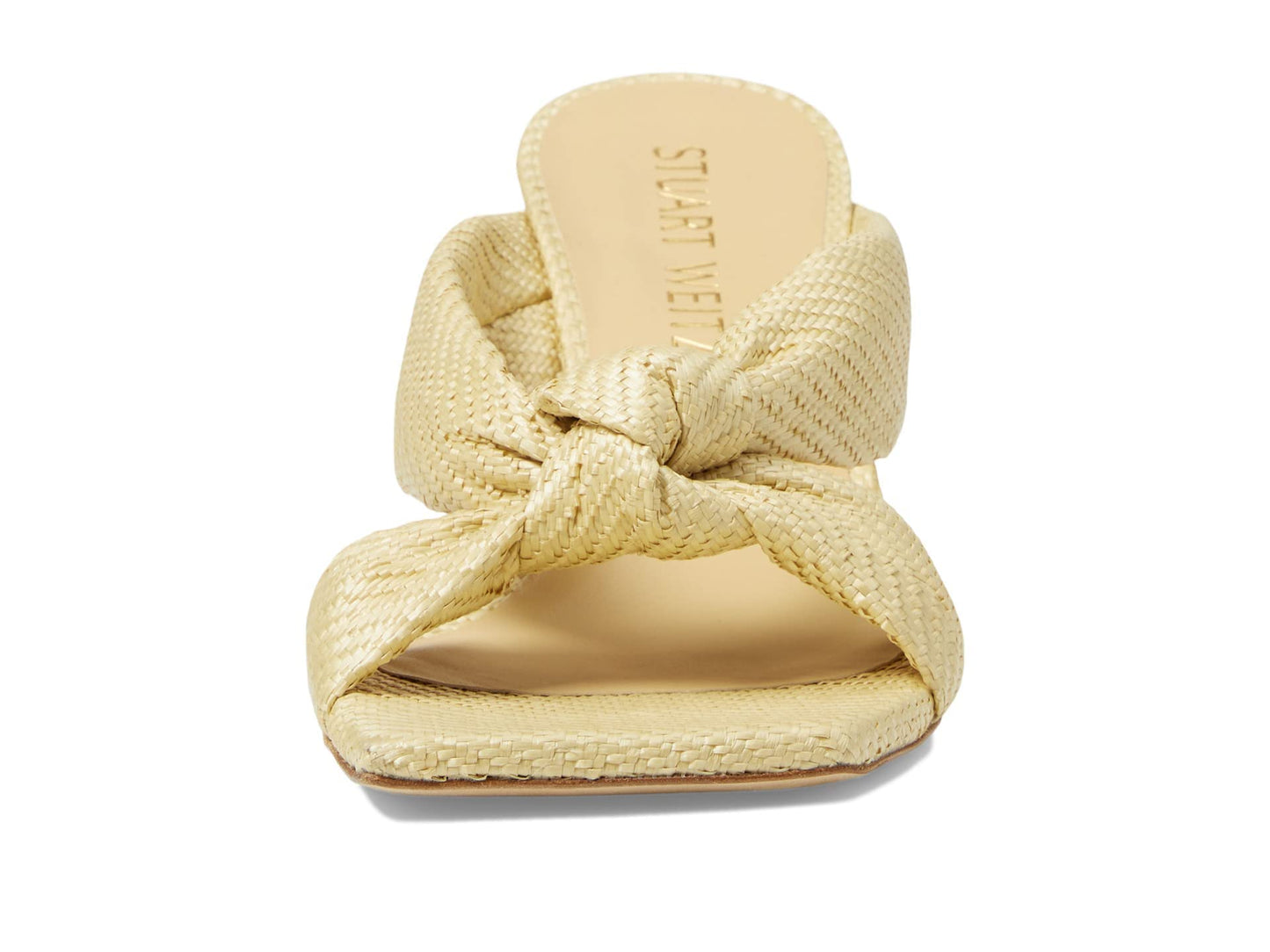 Stuart Weitzman Playa 75 Knot Sandal for Women - Sculptural Heel, Voluminous Knotted Detail, and Lacquered Nappa Leather Footwear Wheat 6.5 M