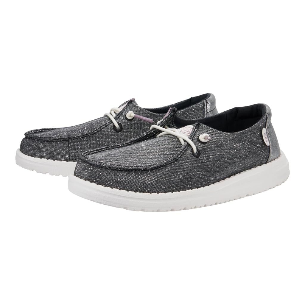 HEYDUDE Girl's Youth Wendy Metallic Sparkle Slip On Shoe, Charcoal Size 6 | Glitter Upper | Easy On Elastic Lace Sneaker