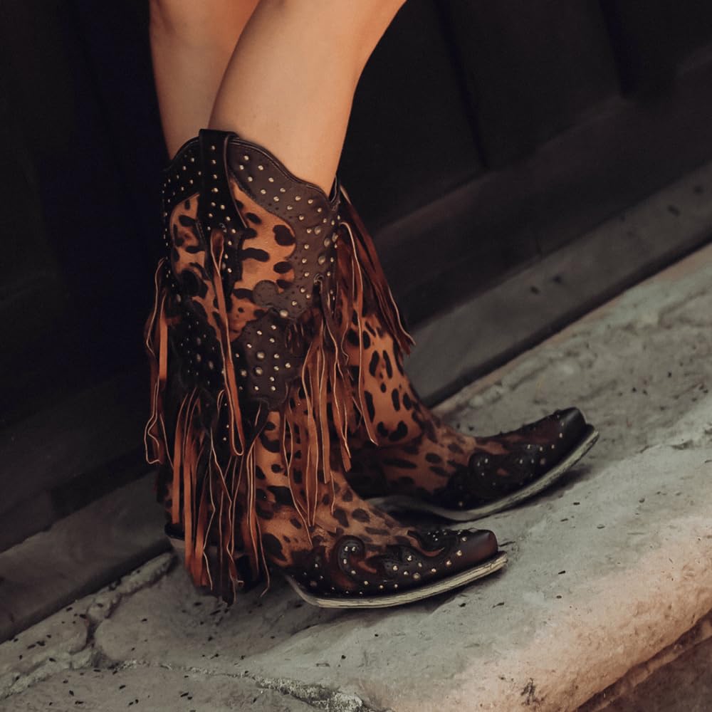 Corral Boots Women's Handcrafted Western Boots | Snip Toe Cowboy Boots with Leopard Print, Fringe and Stud Details