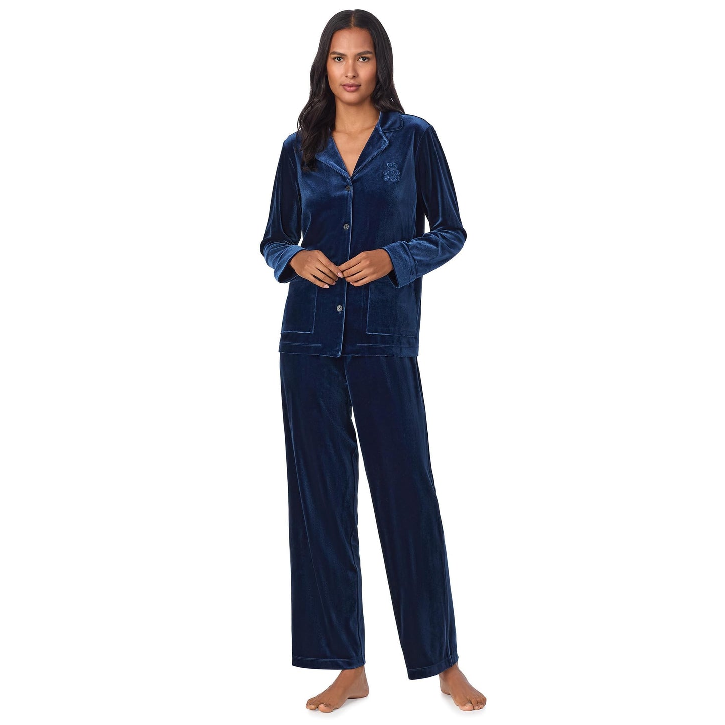 Lauren Ralph Lauren Womens Long Sleeve Velvet Notch Collar Long Pajama Set Navy Medium