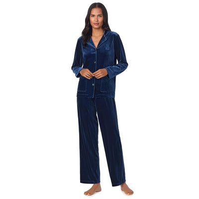 Lauren Ralph Lauren Womens Long Sleeve Velvet Notch Collar Long Pajama Set Navy Medium