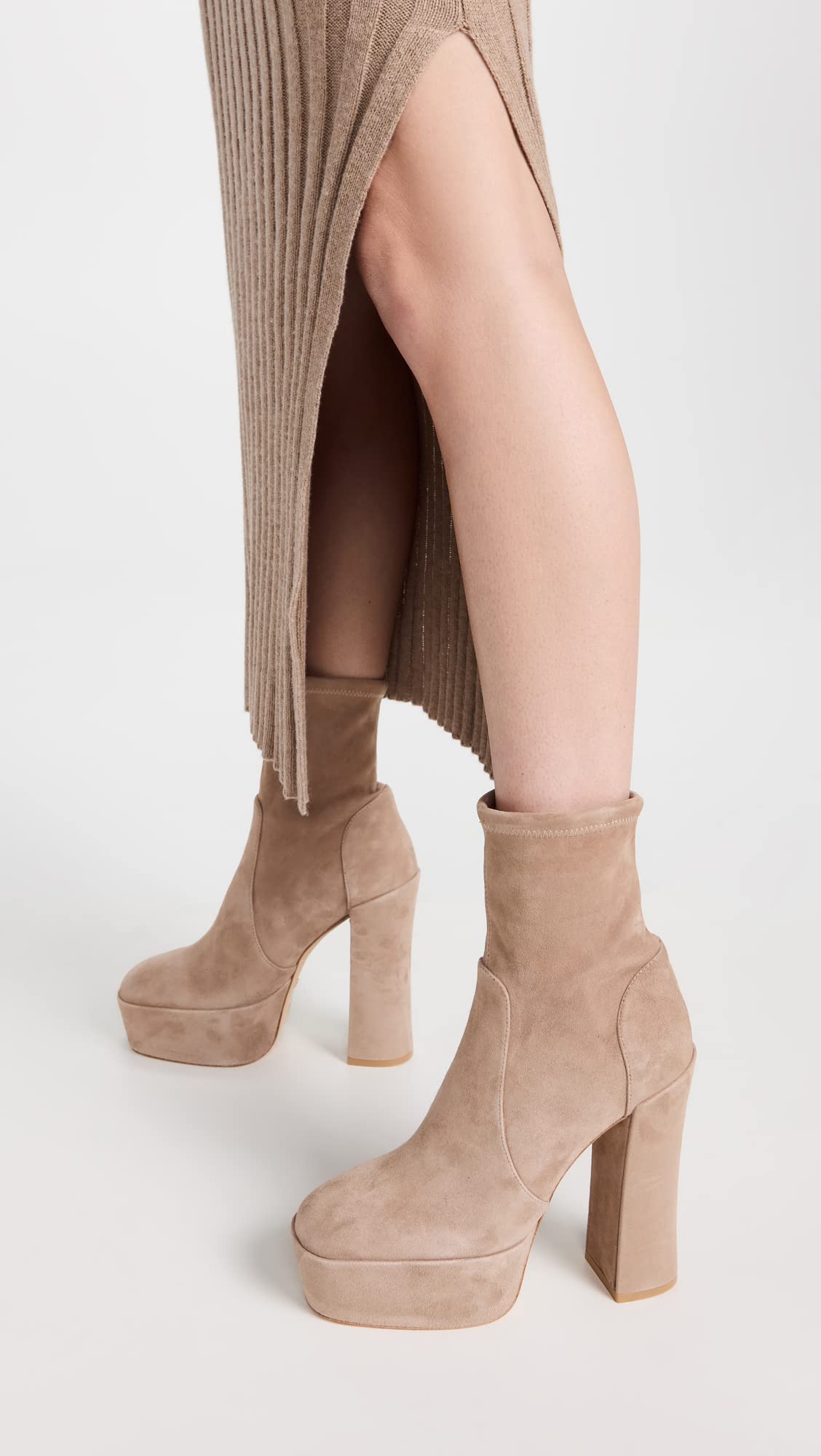 Stuart Weitzman Women's Skyhigh 145mm Platform Booties, Cashmere, Tan, 9 Medium US