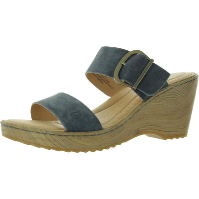 BORN Womens Buckle Leather Wedge Sandals Blue 7 Medium (B,M)