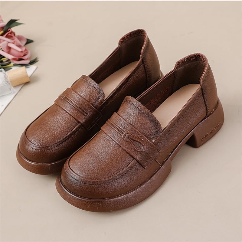 Gloritmo Women's Penny Loafers Low Chunky Heel Brown Leather Dress Shoes for Work US Size 6