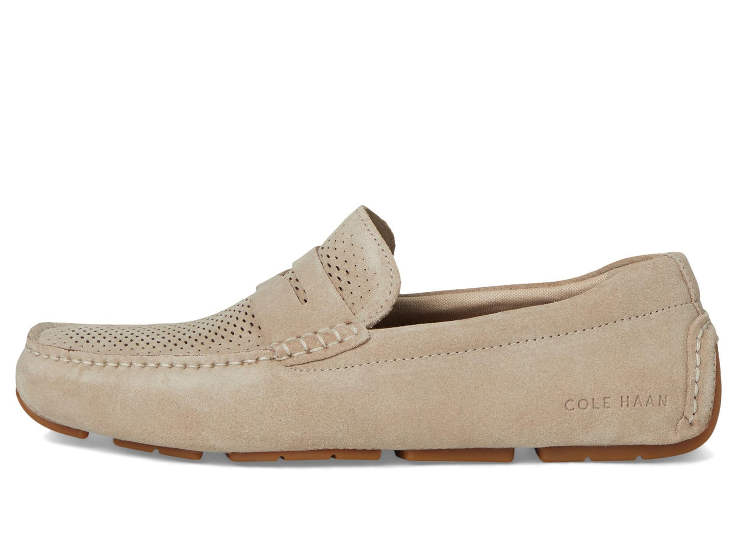 Cole Haan Men's Grand Laser Penny Drivers, Light Sesame Suede/Gum, 8-W US