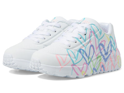 Skechers Kids Girls Uno Lite-Spread The Love Sneaker, White/Purple/Turquoise, 4, Big Kid