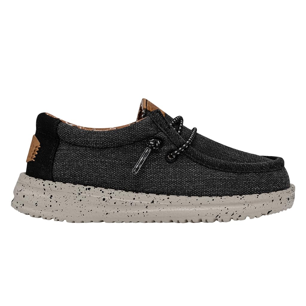 HEYDUDE Wally Toddler Washed Canvas | Boy's Loafers | Boy's Slip On Shoes | Comfortable & Light Weight Black
