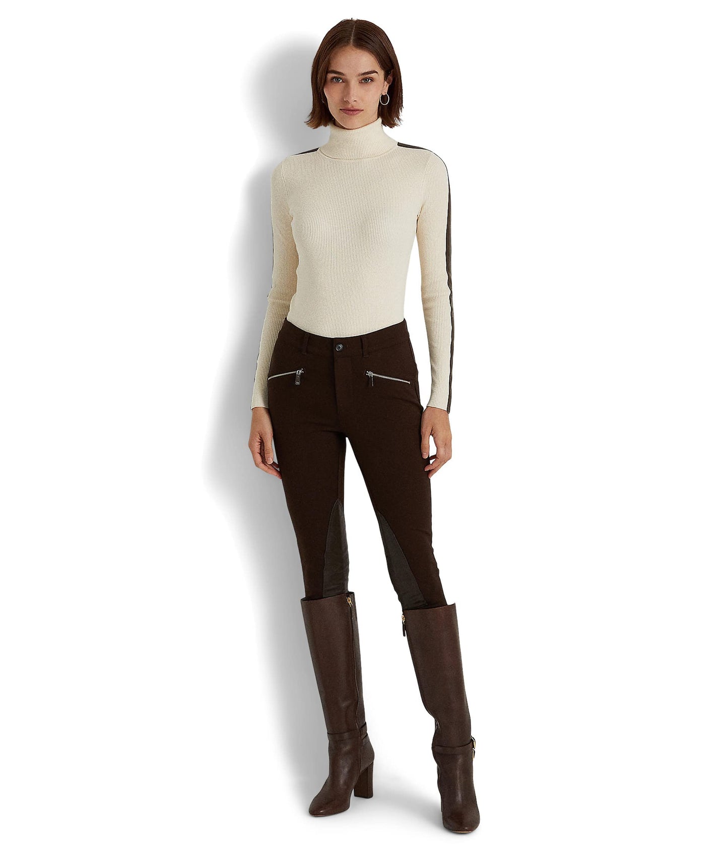 Lauren Ralph Lauren Faux-Leather-Trim Turtleneck Sweater Mascarpone Cream/Chocolate LG