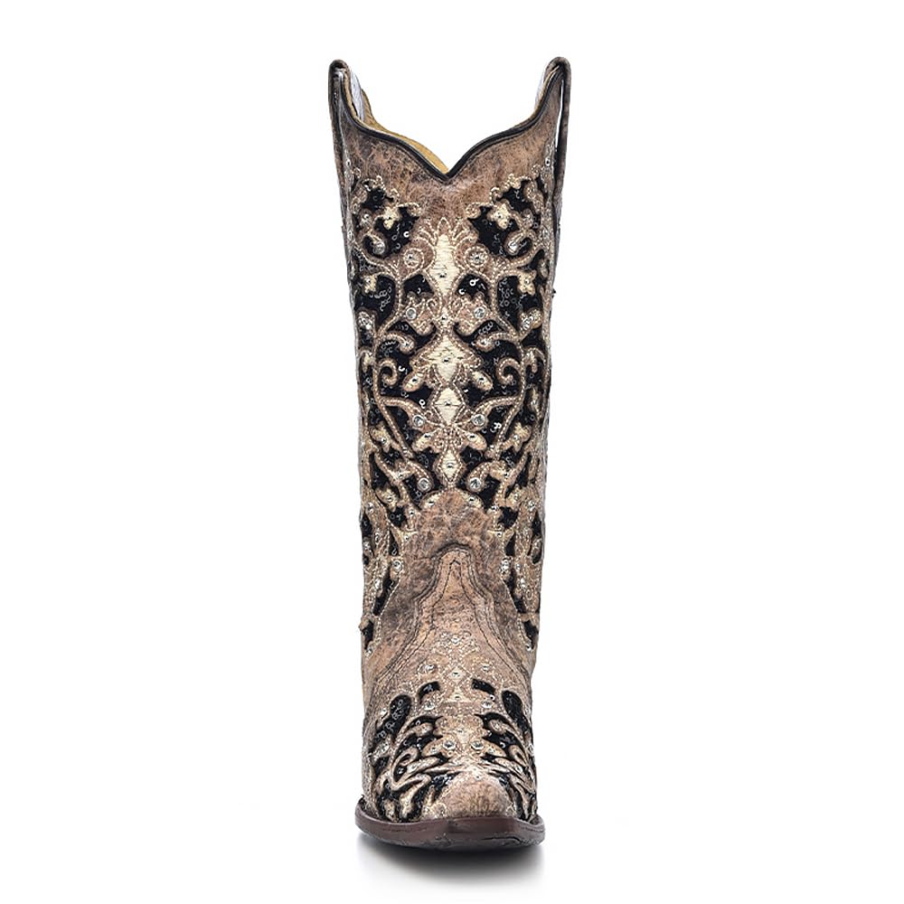 Corral Boots Women's Black Floral Western Boots | Snip Toe Cowboy Boots with Glitter Inlay, Crystal and Stud Embellishments