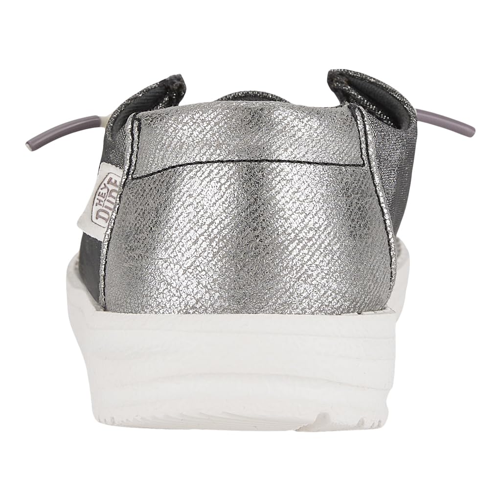 HEYDUDE Girl's Youth Wendy Metallic Sparkle Slip On Shoe, Charcoal Size 6 | Glitter Upper | Easy On Elastic Lace Sneaker
