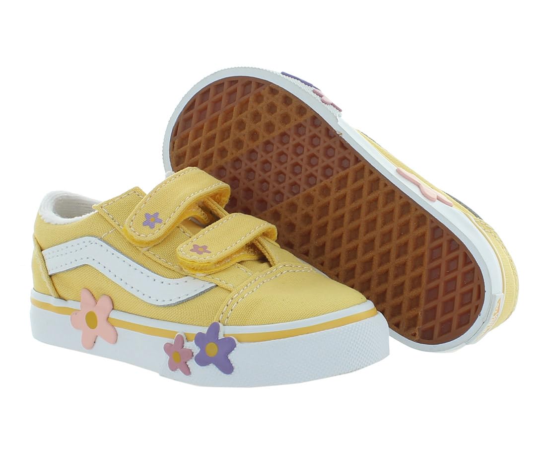 Vans Kids Old Skool V Flower (Infant/Toddler) Sneaker, Yellow, 4 US Unisex