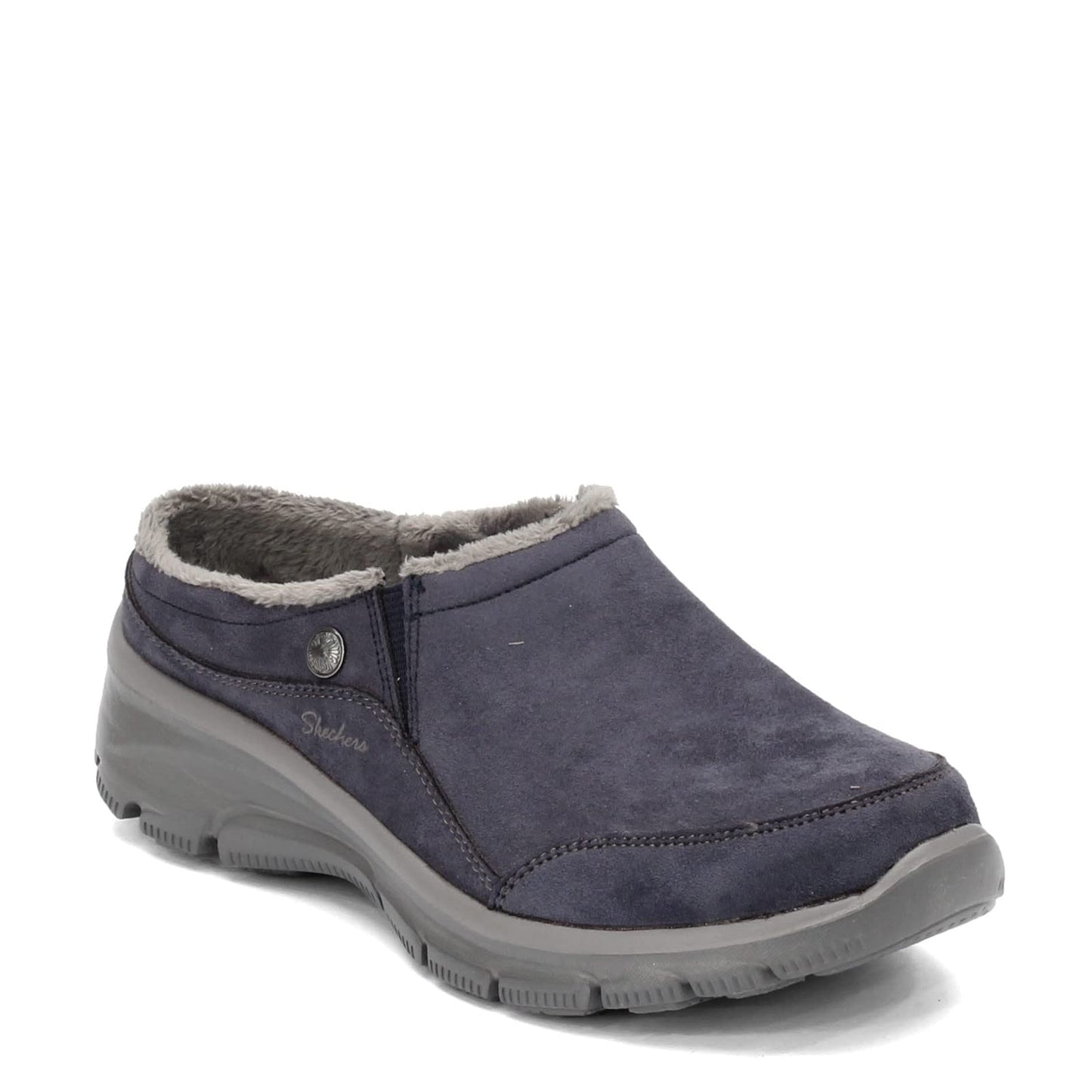 Skechers Women's Clogs - Relaxed Fit: Easy Going - Latte-Twin Gore Open Back Suede Fur Slip-On Clogs with Air Cooled Insole Mule, Navy, 9