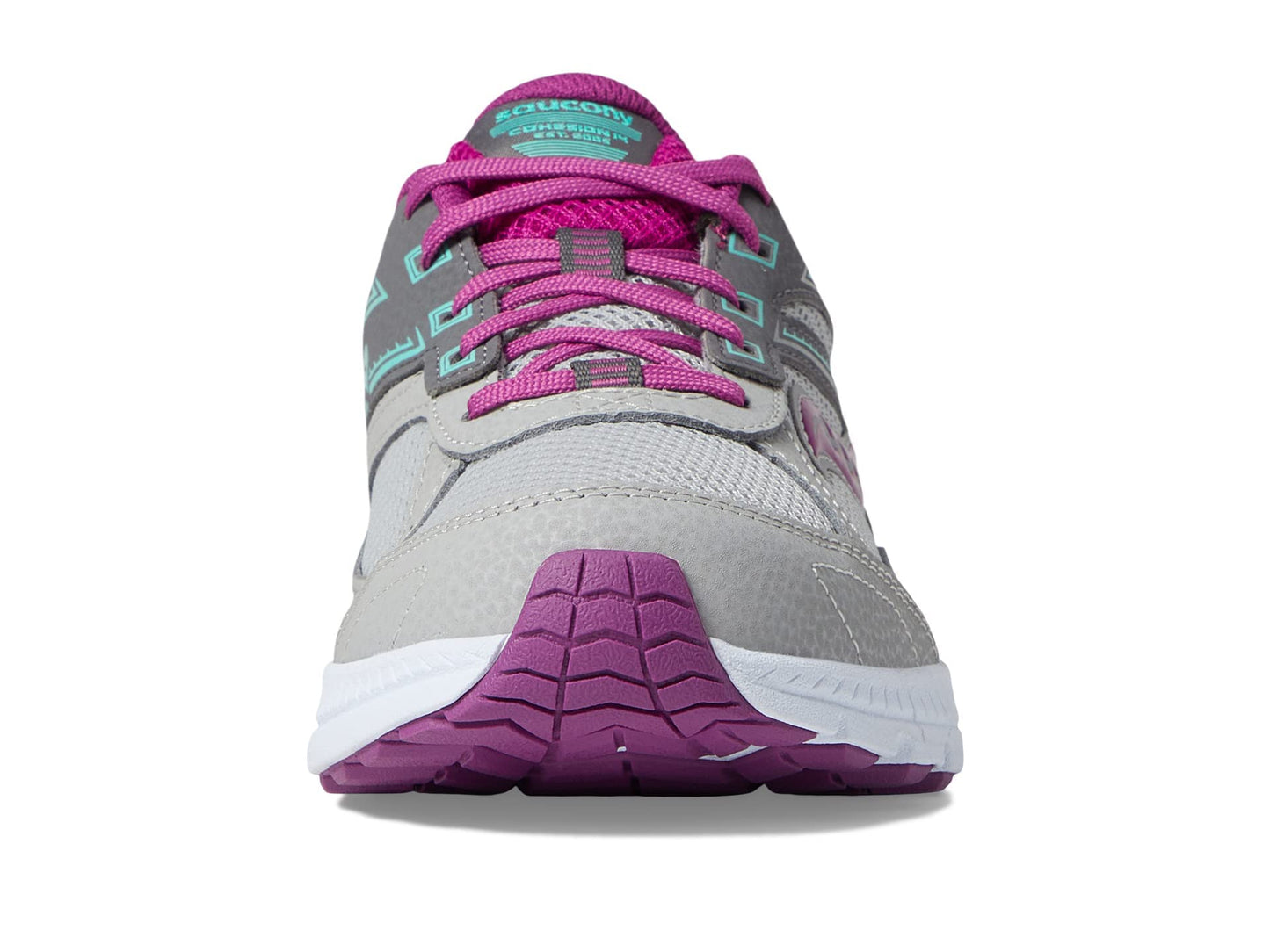 Saucony Cohesion 14 Lace to Toe Running Shoe, Grey/Magenta/Turq, 1.5 US Unisex Big Kid