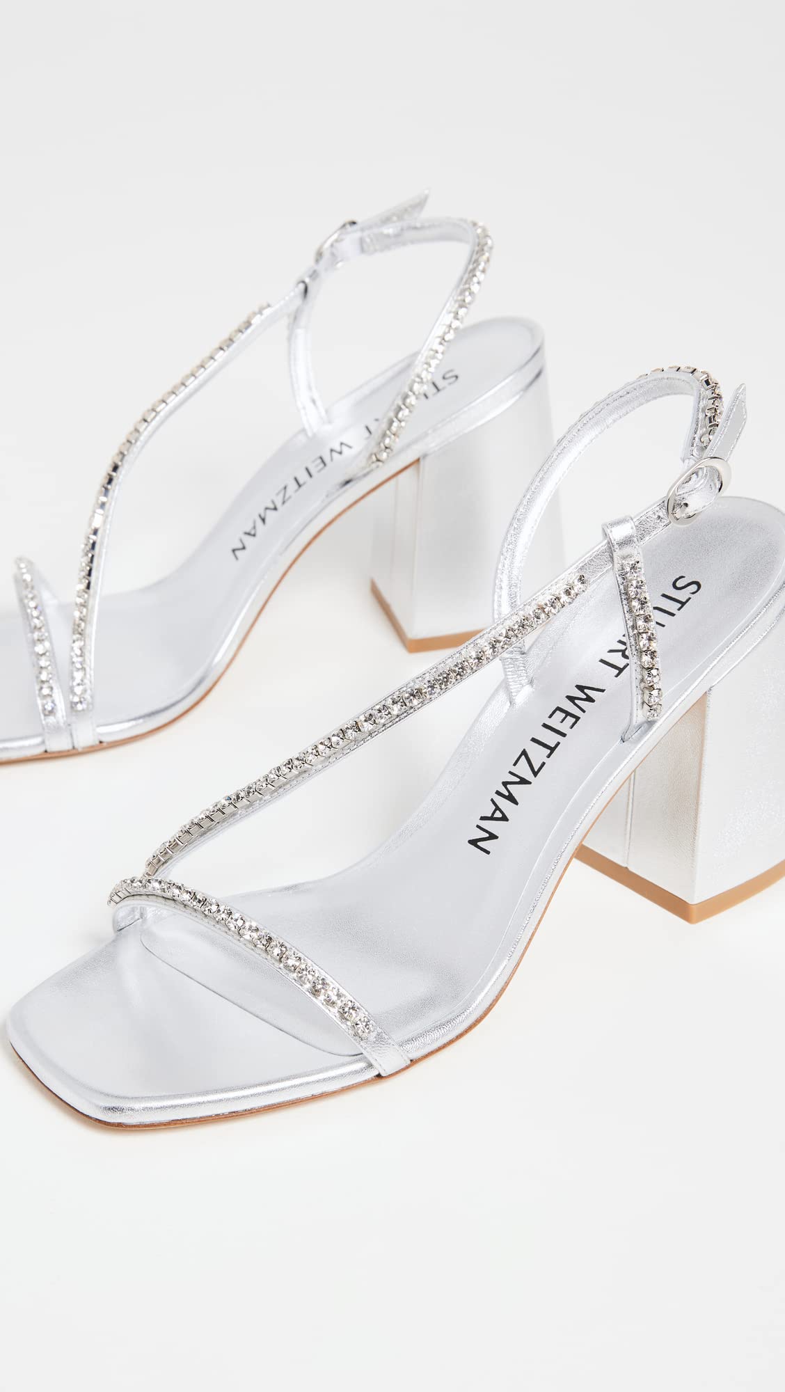 Stuart Weitzman Women's Soiree Crystal 85mm Block Sandals, Silver/Clear, 9 Medium US
