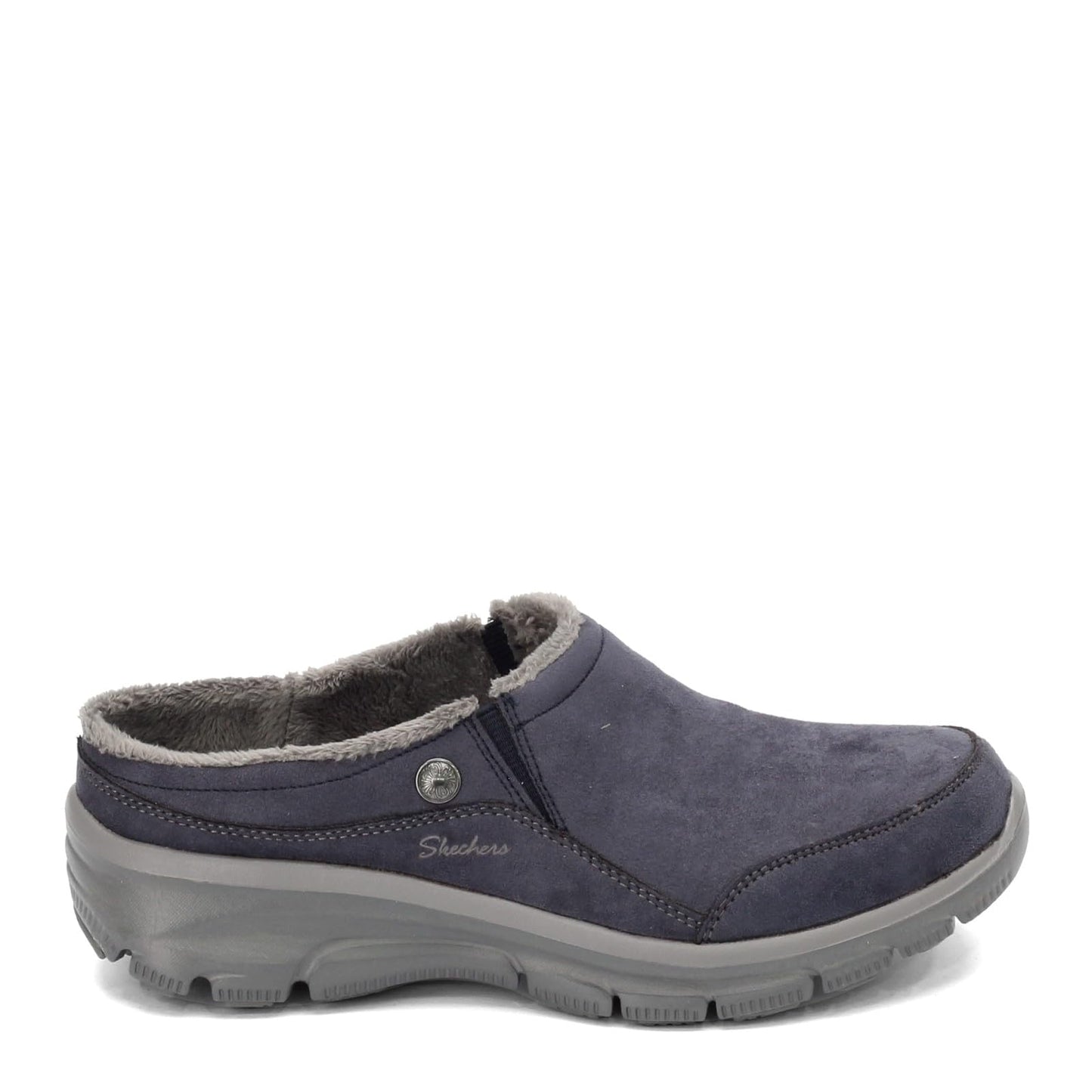 Skechers Women's Clogs - Relaxed Fit: Easy Going - Latte-Twin Gore Open Back Suede Fur Slip-On Clogs with Air Cooled Insole Mule, Navy, 9