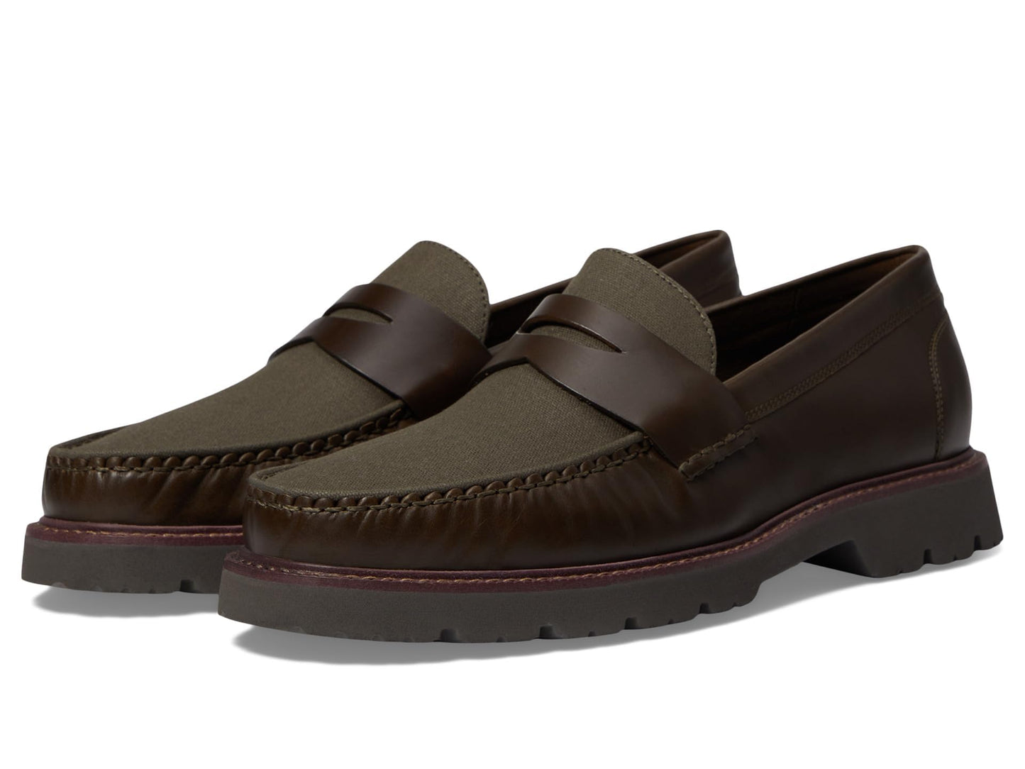 Cole Haan Mens American Classics Penny Loafers Deep Olive Leather/Morel Waxed Canvas 10.5 Wide