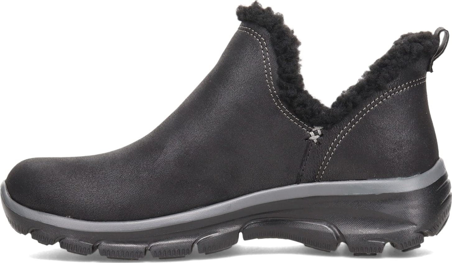 Skechers Women's Easy Going-Buried-Scooped Collar Bootie with Faux Trim Ankle Boot, Black, 7.5 M US