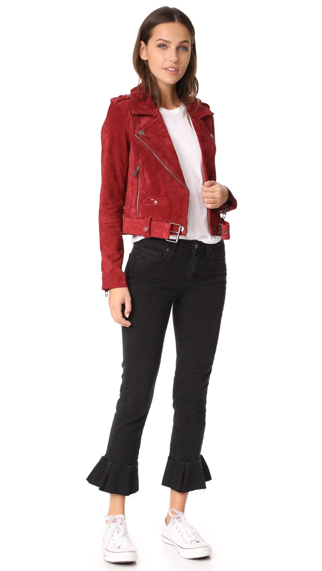 [BLANKNYC] womens Luxury Clothing Cropped Suede Leather Motorcycle Jackets, Comfortable & Stylish Coats, Red My Mind, Small