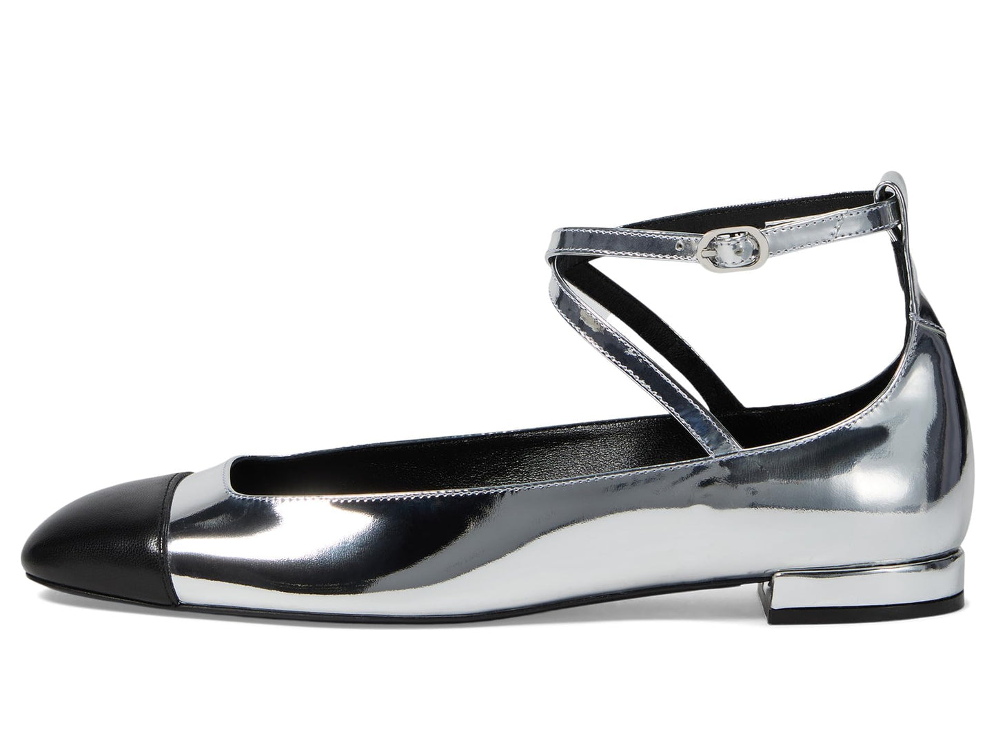 Stuart Weitzman Women's Eden Strap Flat, Silver/Black, 6