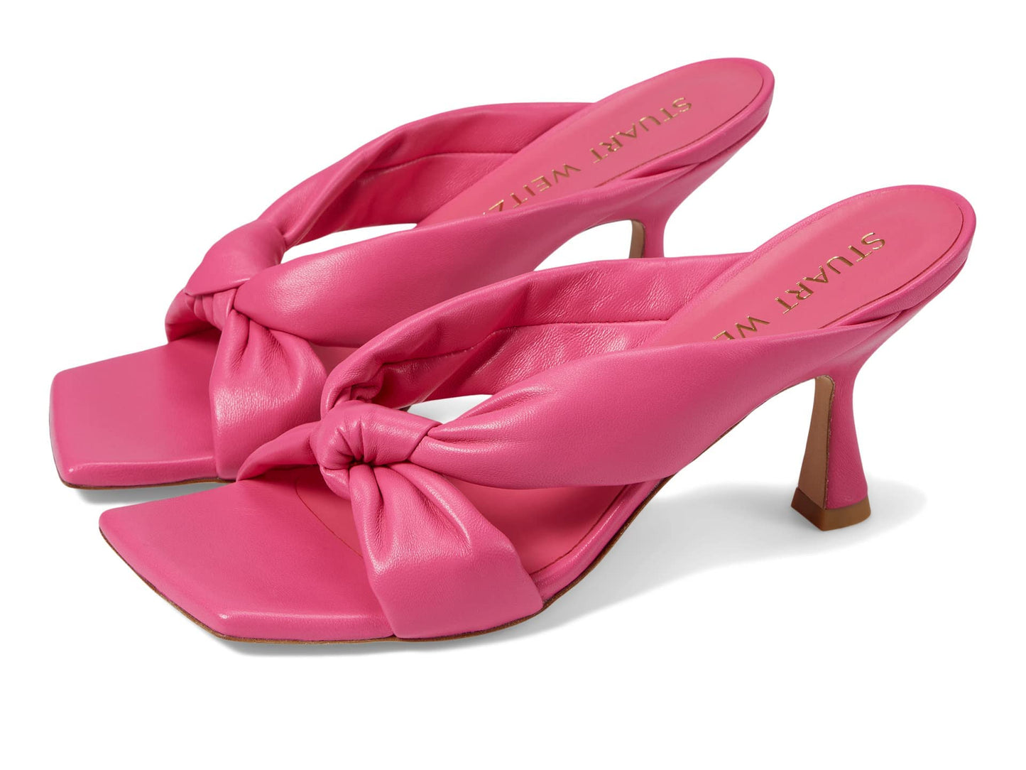 Stuart Weitzman Playa 75 Knot Sandal for Women - Sculptural Heel, Voluminous Knotted Detail, and Lacquered Nappa Leather Footwear Hot Pink 9 M