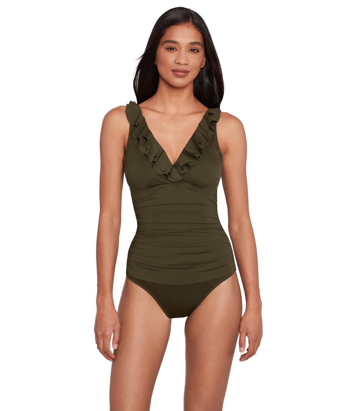 Lauren Ralph Lauren Beach Club Solid Ruffle Surplice One-Piece Olive 4