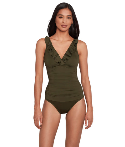 Lauren Ralph Lauren Beach Club Solid Ruffle Surplice One-Piece Olive 4
