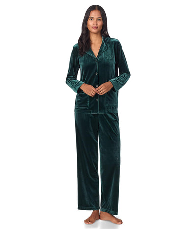 Lauren Ralph Lauren Womens Long Sleeve Velvet Notch Collar Long Pajama Set Green Medium