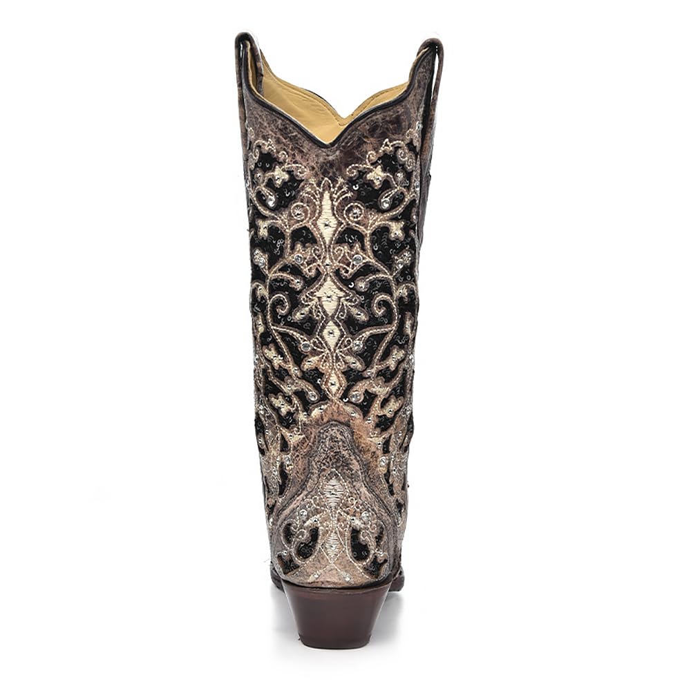 Corral Boots Women's Black Floral Western Boots | Snip Toe Cowboy Boots with Glitter Inlay, Crystal and Stud Embellishments