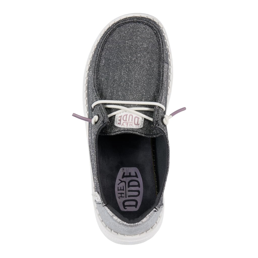 HEYDUDE Girl's Youth Wendy Metallic Sparkle Slip On Shoe, Charcoal Size 6 | Glitter Upper | Easy On Elastic Lace Sneaker