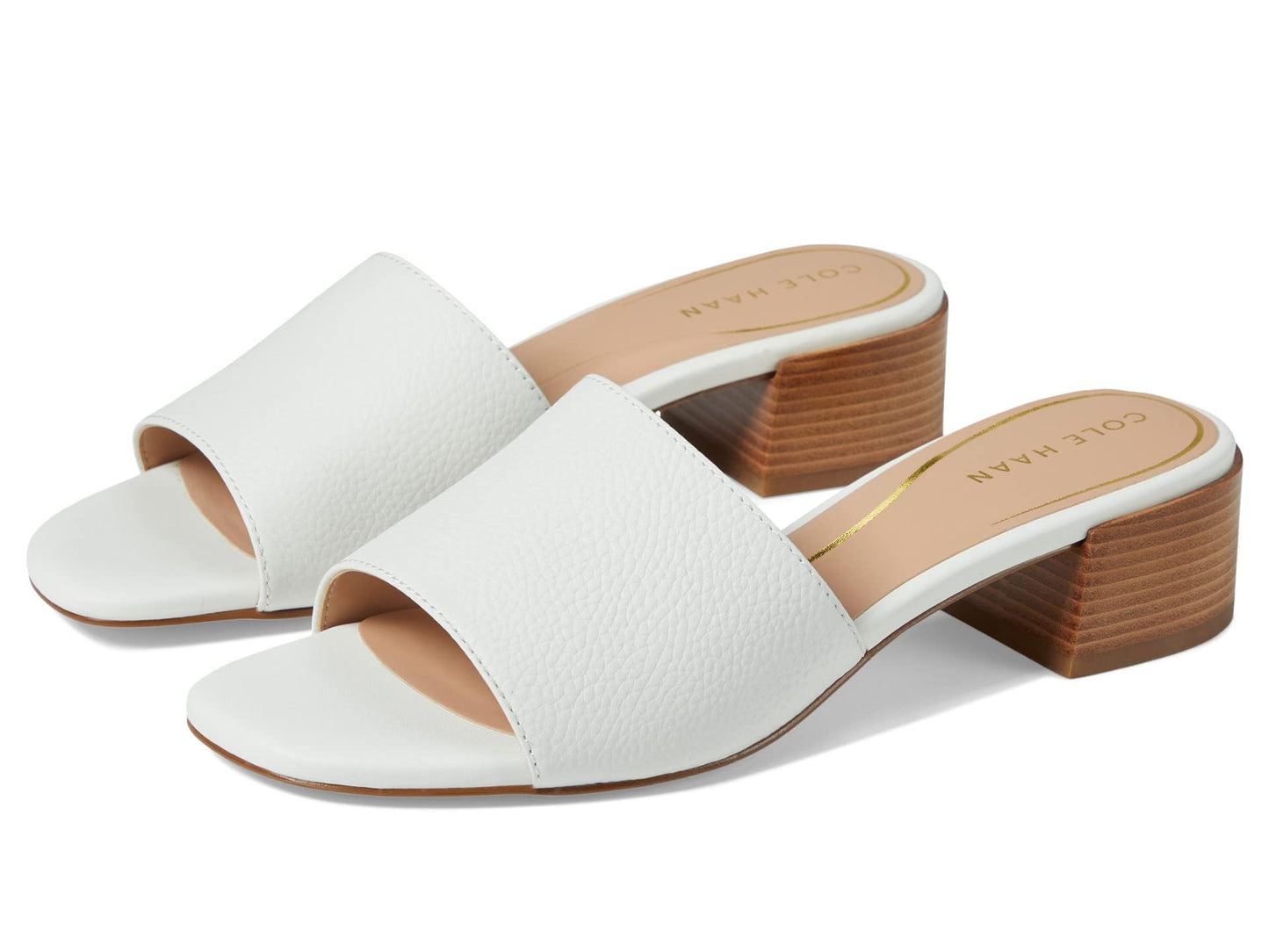 Cole Haan Calli Single Band Block Heel Sandals 40 mm - Leather Upper - Man-Made Lining Insole & Outsole Egret Leather 7.5 B - Medium