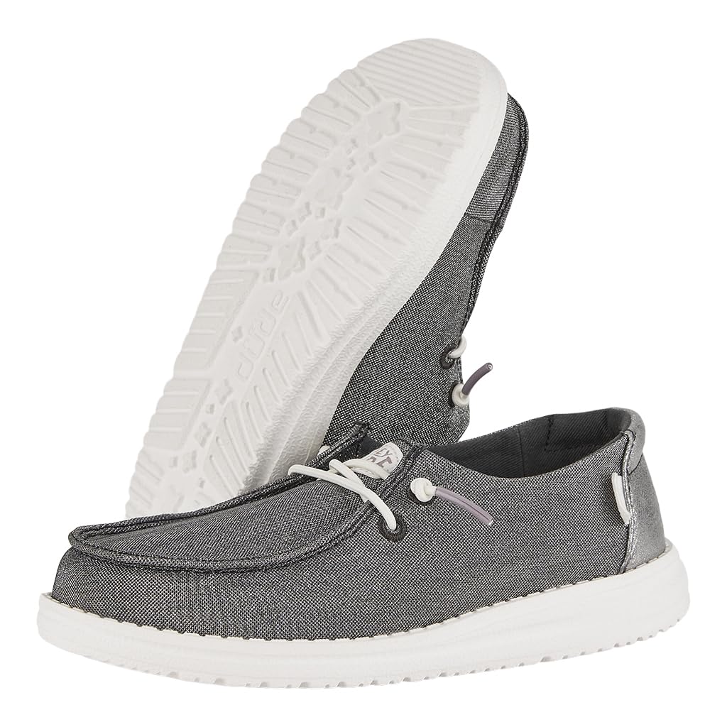 HEYDUDE Girl's Youth Wendy Metallic Sparkle Slip On Shoe, Charcoal Size 6 | Glitter Upper | Easy On Elastic Lace Sneaker