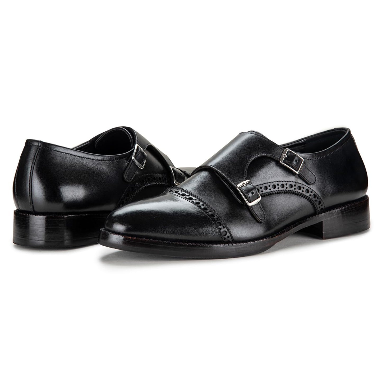 Lethato Handcrafted Men's Captoe Double Monk Strap Genuine Leather Modern Classic Dress Shoes- Black