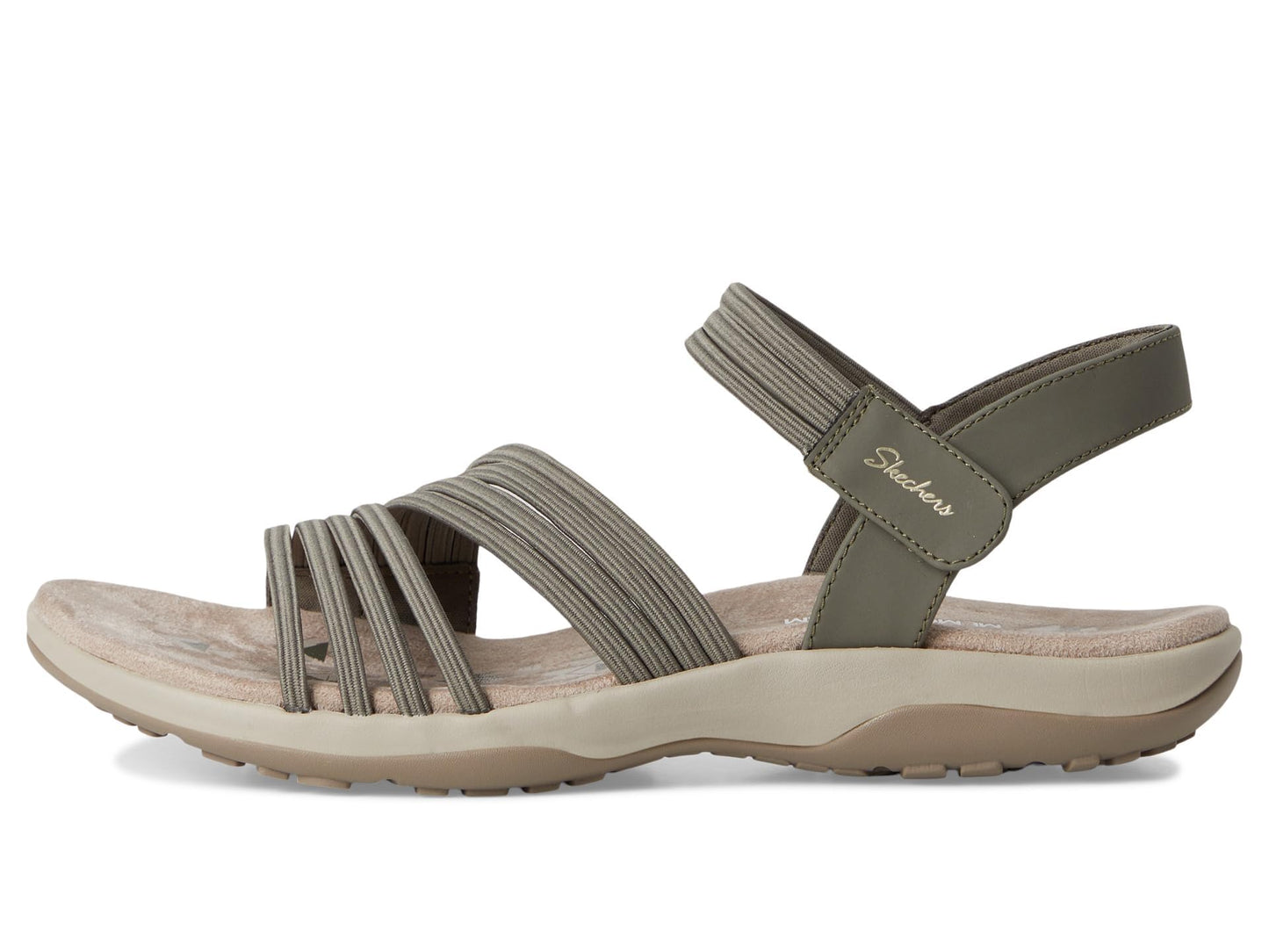 Skechers Women's REGGAE SLIM - COFFEE RUN, Adjustable Stretch Gore Sling Back Sandal, Olive, 8M