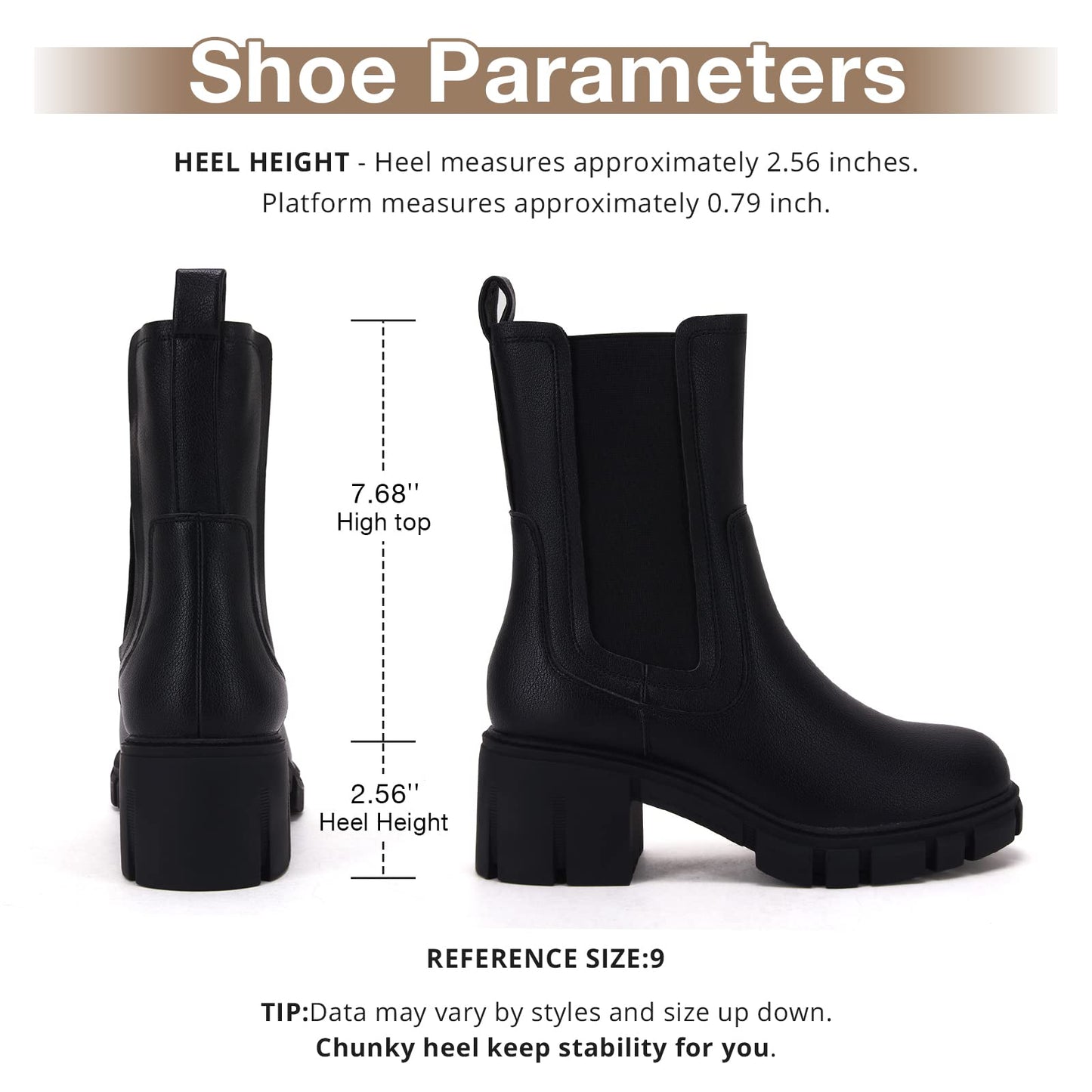 TINSTREE Mid Calf Boots for Women Black, Juniors Platform Dressy Sweater Chelsea Boots Platform Booties with Chunky Block Heels Vegan Black,08