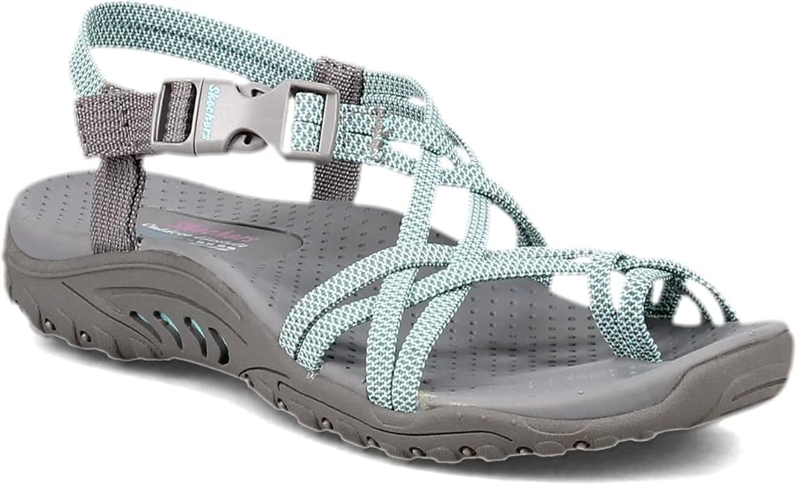 Skechers Women's REGGAE - IRIE MON -Multi strap toe thong sandal, Gray/Aqua, 11