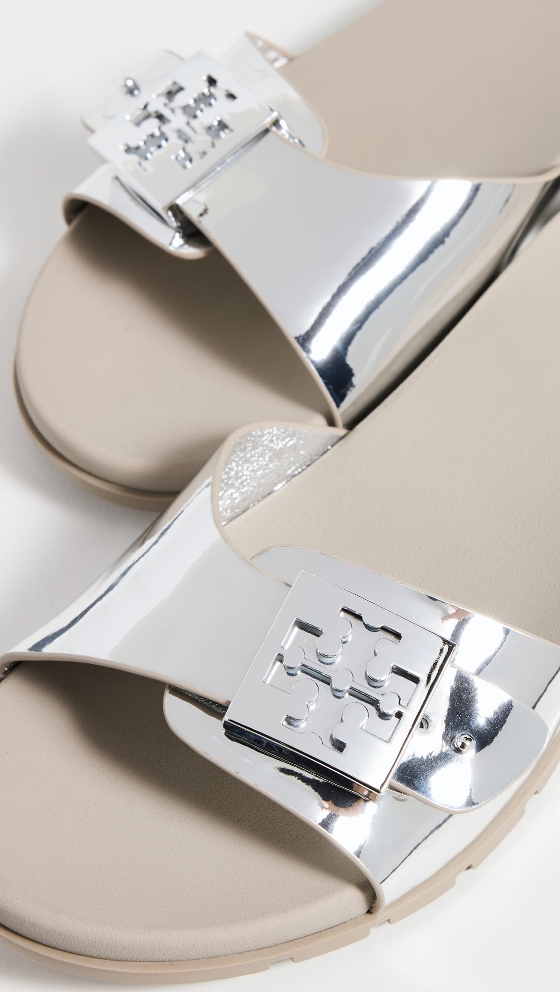 Tory Burch Women's Buckle Slides, Silver/Silver/Aluminum, 6 Medium US