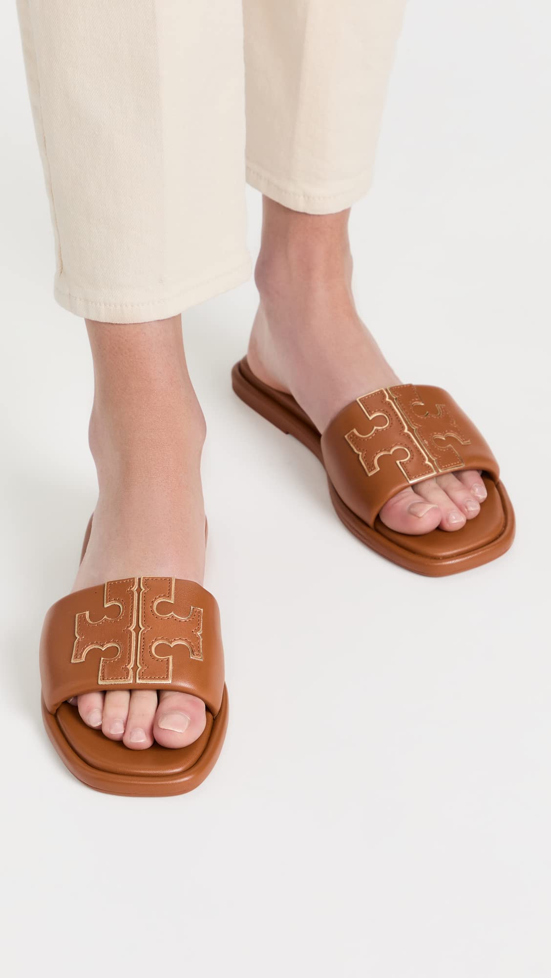 Tory Burch Women's Double T Sport Slides, Bourbon Miele/Gold, 9.5 Medium US