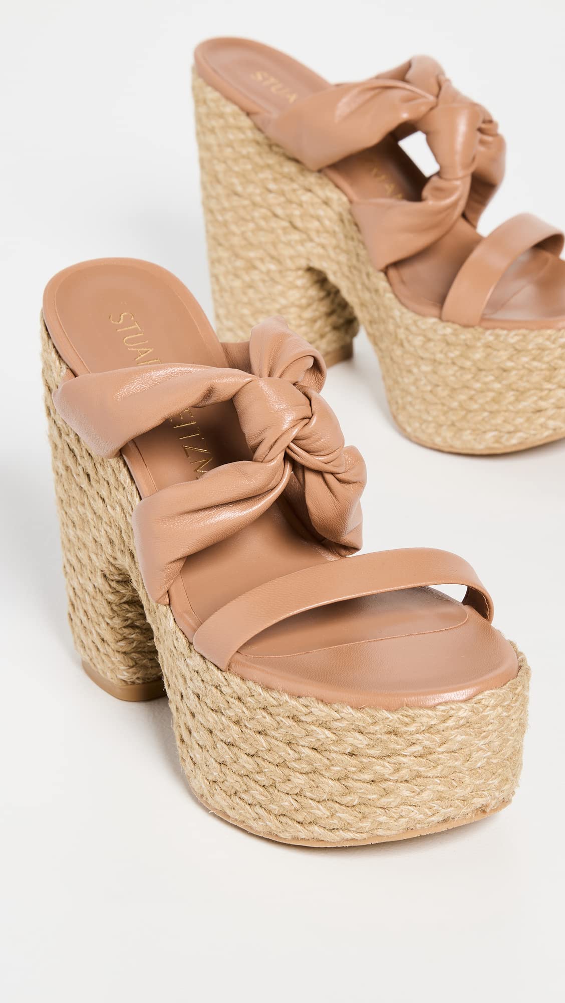 Stuart Weitzman Women's 145mm Playa So High Knot Platform Slides, Tan/Natural, 8 Medium US