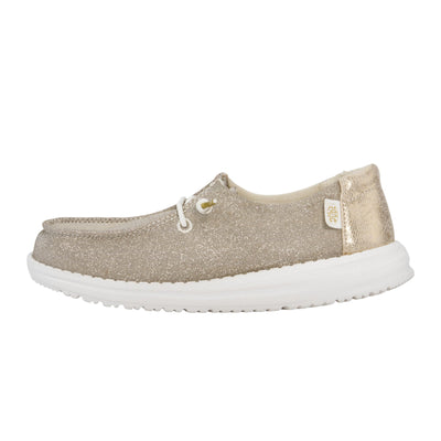 HEYDUDE Girl's Youth Wendy Metallic Sparkle Slip On Shoe, Gold Size 4 | Glitter Upper | Easy On Elastic Lace Sneaker