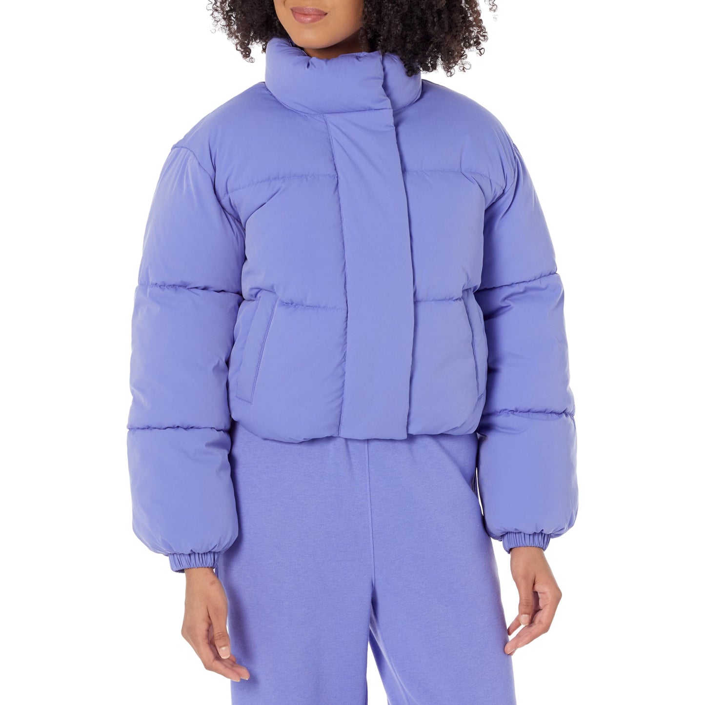 Amazon Essentials Women's Cropped Full-Zip Puffer Jacket (Quilted Matte or Sherpa Fleece), Purple Blue, Large