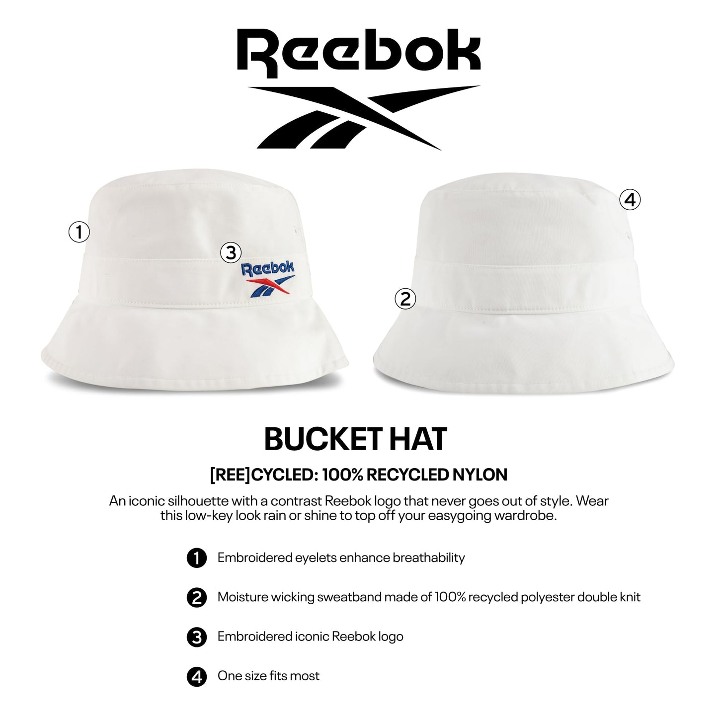 Reebok Classic Bucket Hat | Mens | Womens | Sun Protection | Athletic | Lightweight | Retro | Streetwear - White