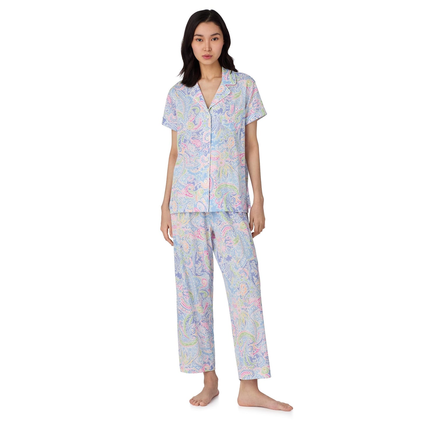 Lauren Ralph Lauren Womens Short Sleeve Notch Collar Cropped Pants PJ Set Blue Paisley LG (US 12-14) One Size