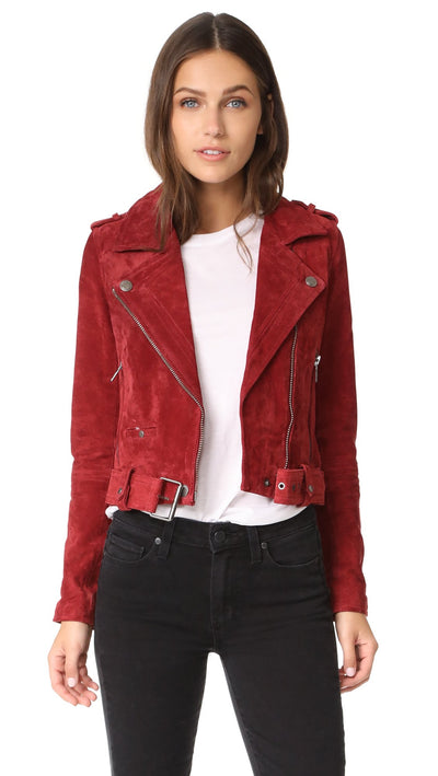 [BLANKNYC] womens Luxury Clothing Cropped Suede Leather Motorcycle Jackets, Comfortable & Stylish Coats, Red My Mind, Small